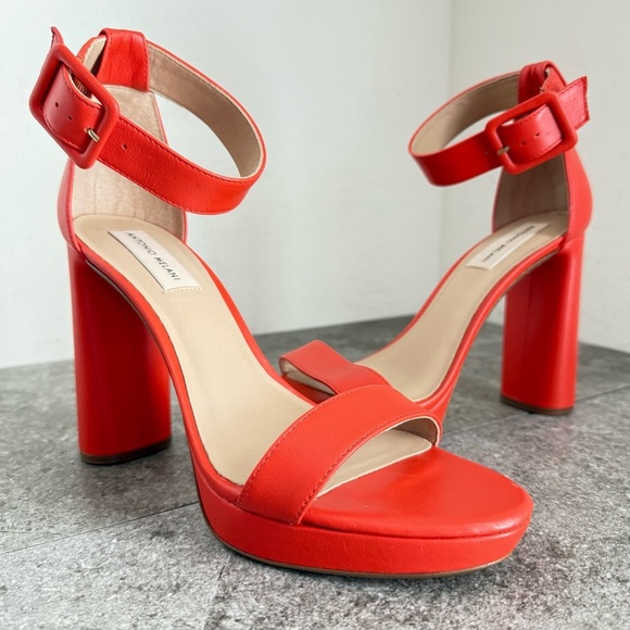 NWT Antonio Melani sandals red coral leather Caci strappy heel platform Size 8.5 - Picture 1 of 10